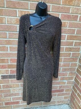 Michael Kors Shimmer Metallic Gold/Black Long Sleeve Dress - Size: Large